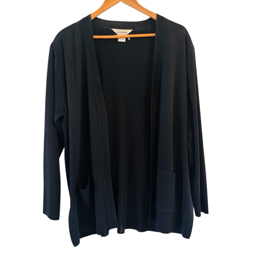 Misook Cardigan Sweater Womens M Black Open Front Knit Pockets Capsule Career